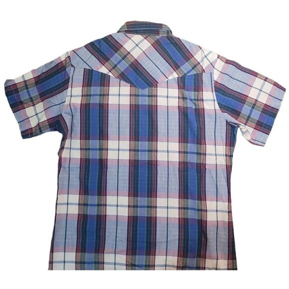 Rustler Men’s M Blue Plaid Western Pearl Snap Shirt VTG X-Long Tails EUC - Picture 2 of 6